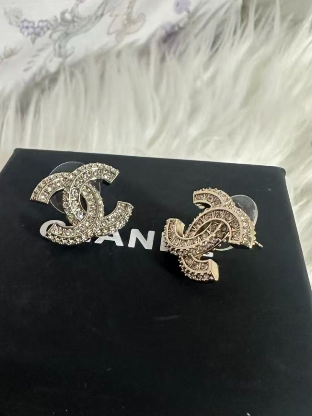 ✨ Chanel Crystal-Encrusted Double C Stud Earrings, Luxury Jewelry
